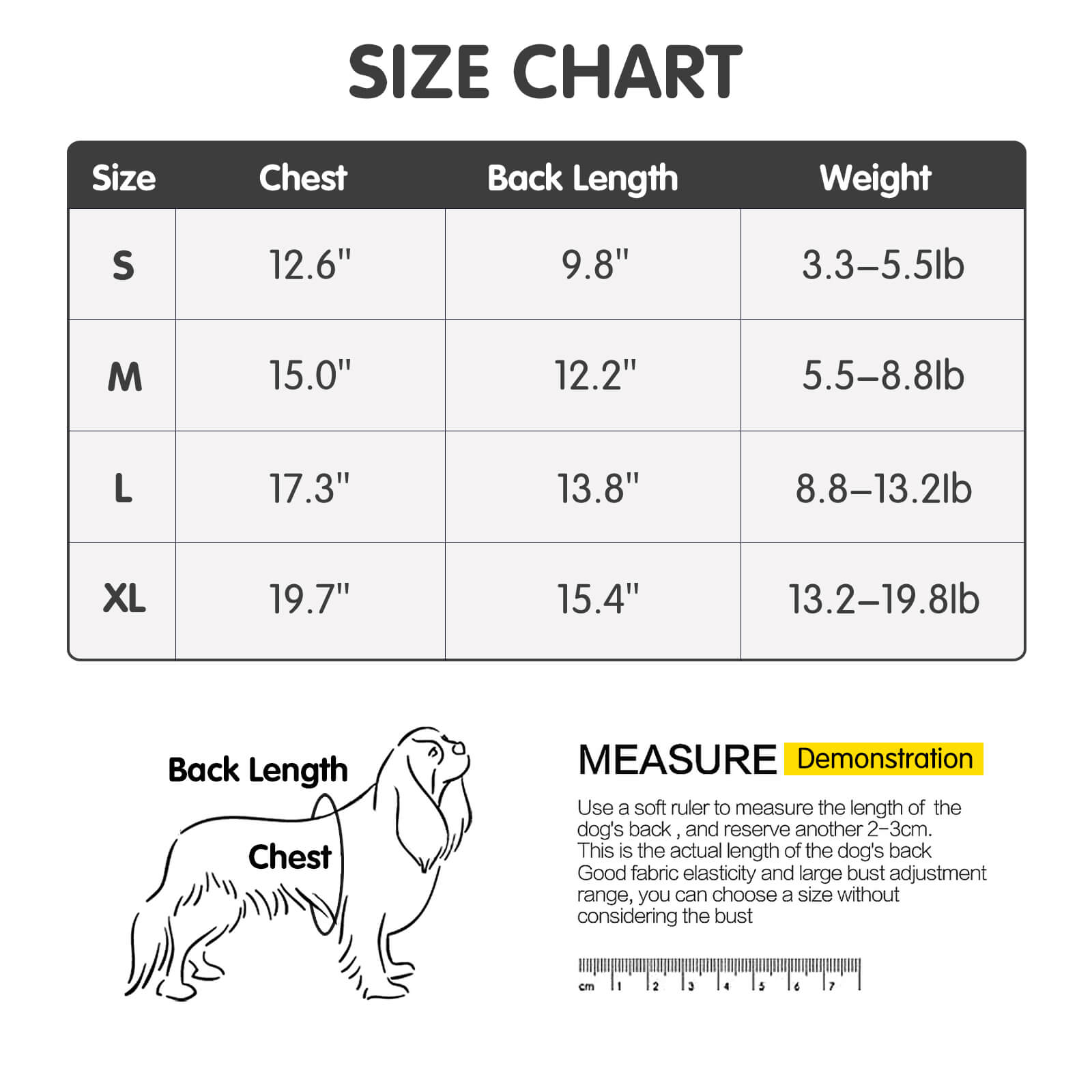 VD29 Small Dog Surgery Clothes Pupply Striped Blue - Size Chart