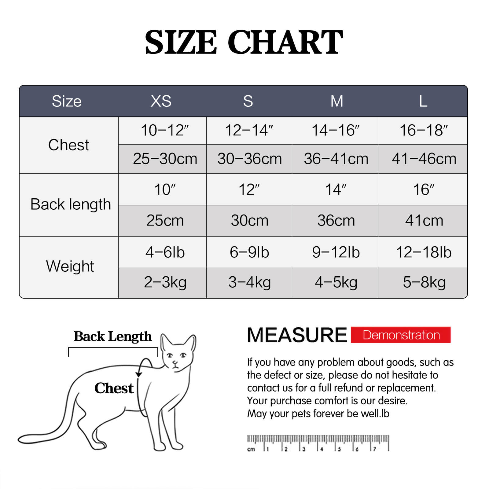 VC25 Cat Four-legged Coat Recovery Suit - Red Size Chart