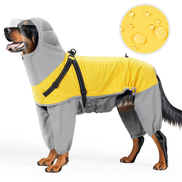 Front view of four-legged waterproof dog raincoat with reflective chest strip and hood