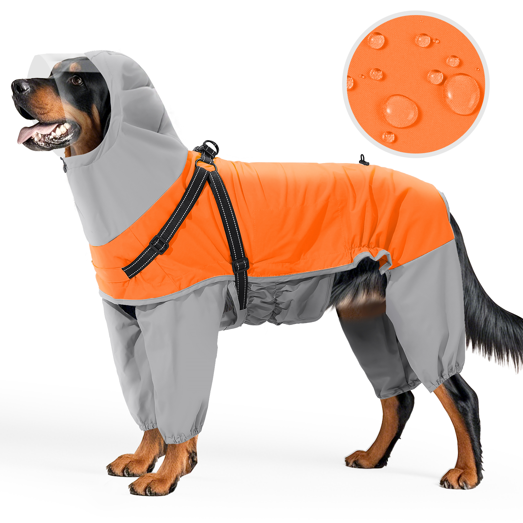 Vd110 Orange Grey Dog Raincoat – Full Front View With Reflective Chest Strip