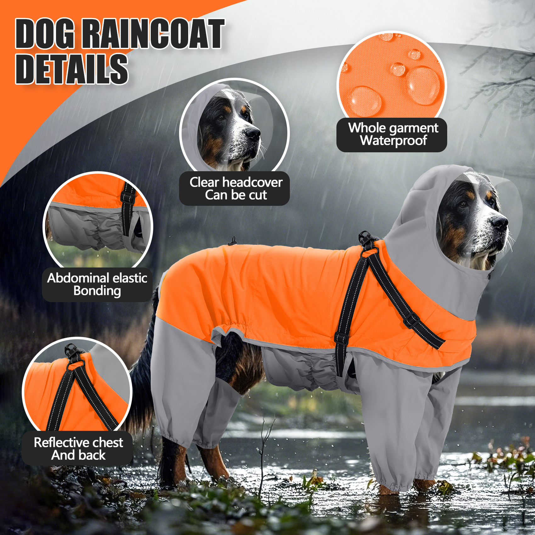 Vd110 Orange Grey Dog Raincoat – Full Front View With Reflective Chest Strip (2)