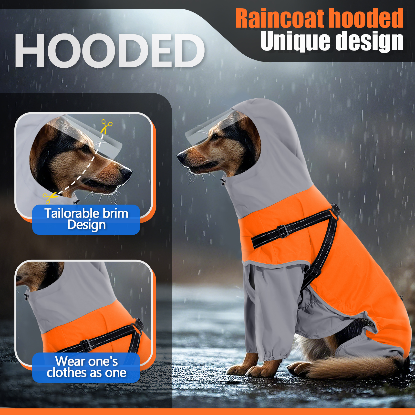Vd110 Orange Grey Dog Raincoat – Full Front View With Reflective Chest Strip (3)