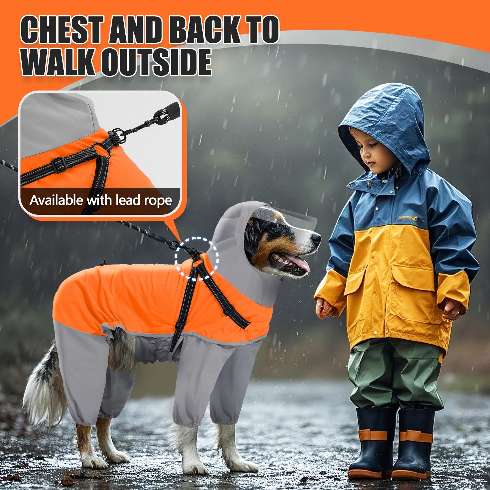 Vd110 Orange Grey Dog Raincoat – Full Front View With Reflective Chest Strip (4)