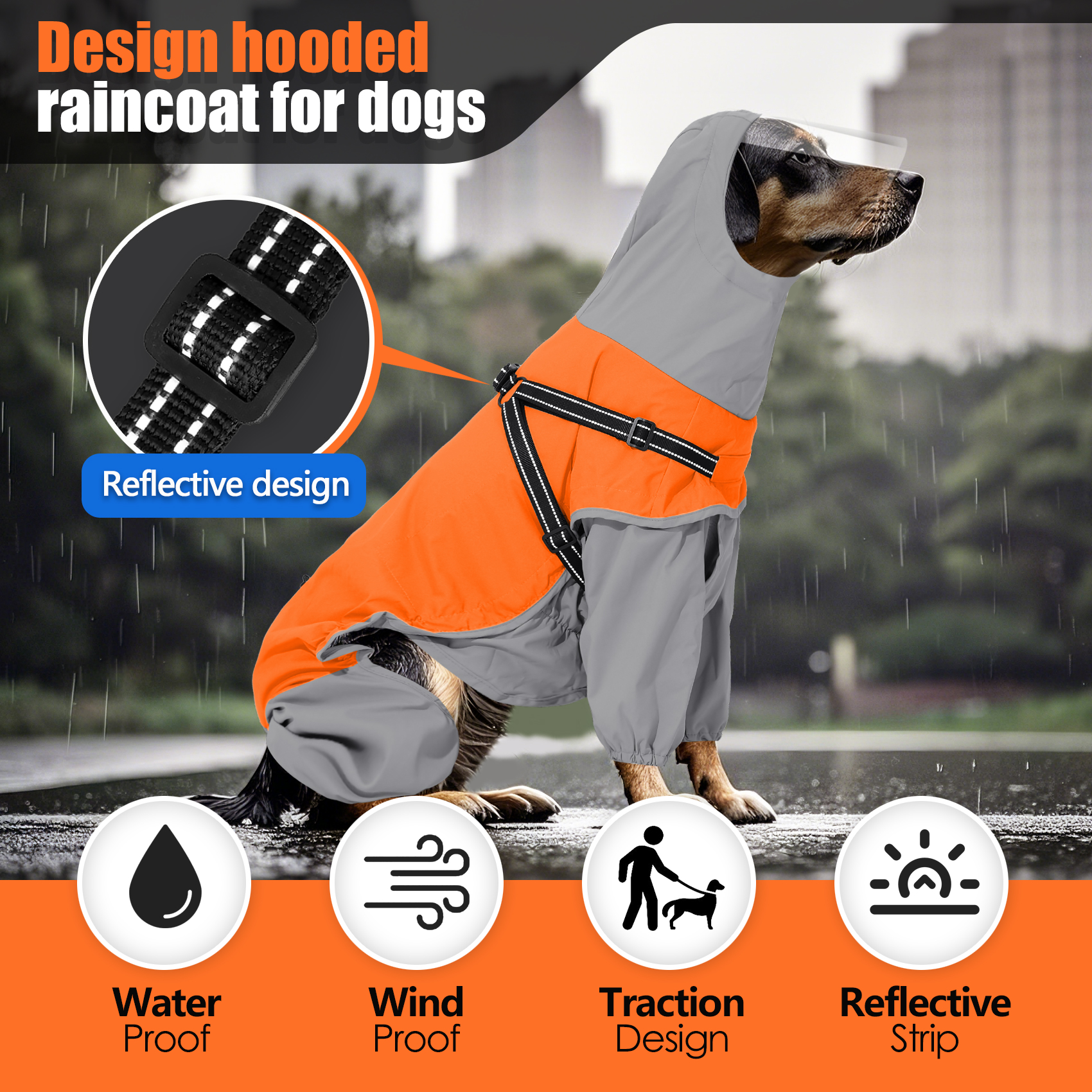 Vd110 Orange Grey Dog Raincoat – Full Front View With Reflective Chest Strip (5)