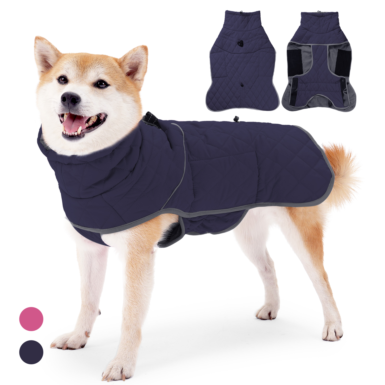 VD106 Navy Blue waterproof winter dog jacket with fleece lining and built-in leash buckle