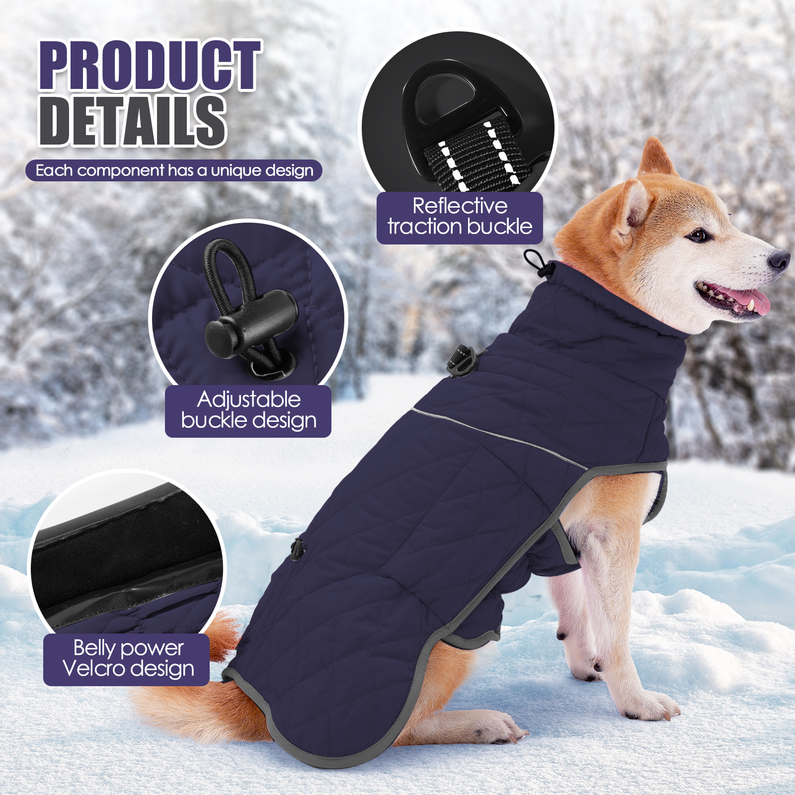 VD106 Navy Blue waterproof winter dog jacket with fleece lining and built-in leash buckle
