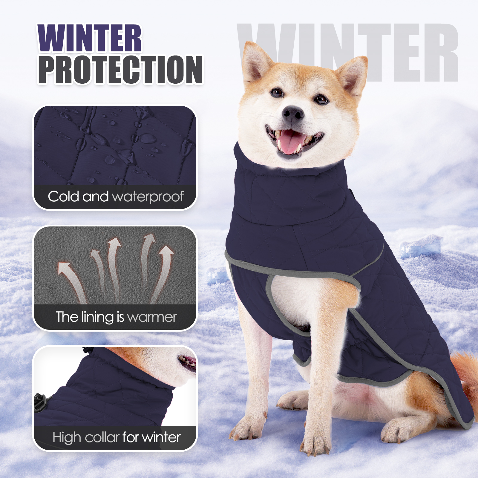 VD106 Navy Blue waterproof winter dog jacket with fleece lining and built-in leash buckle