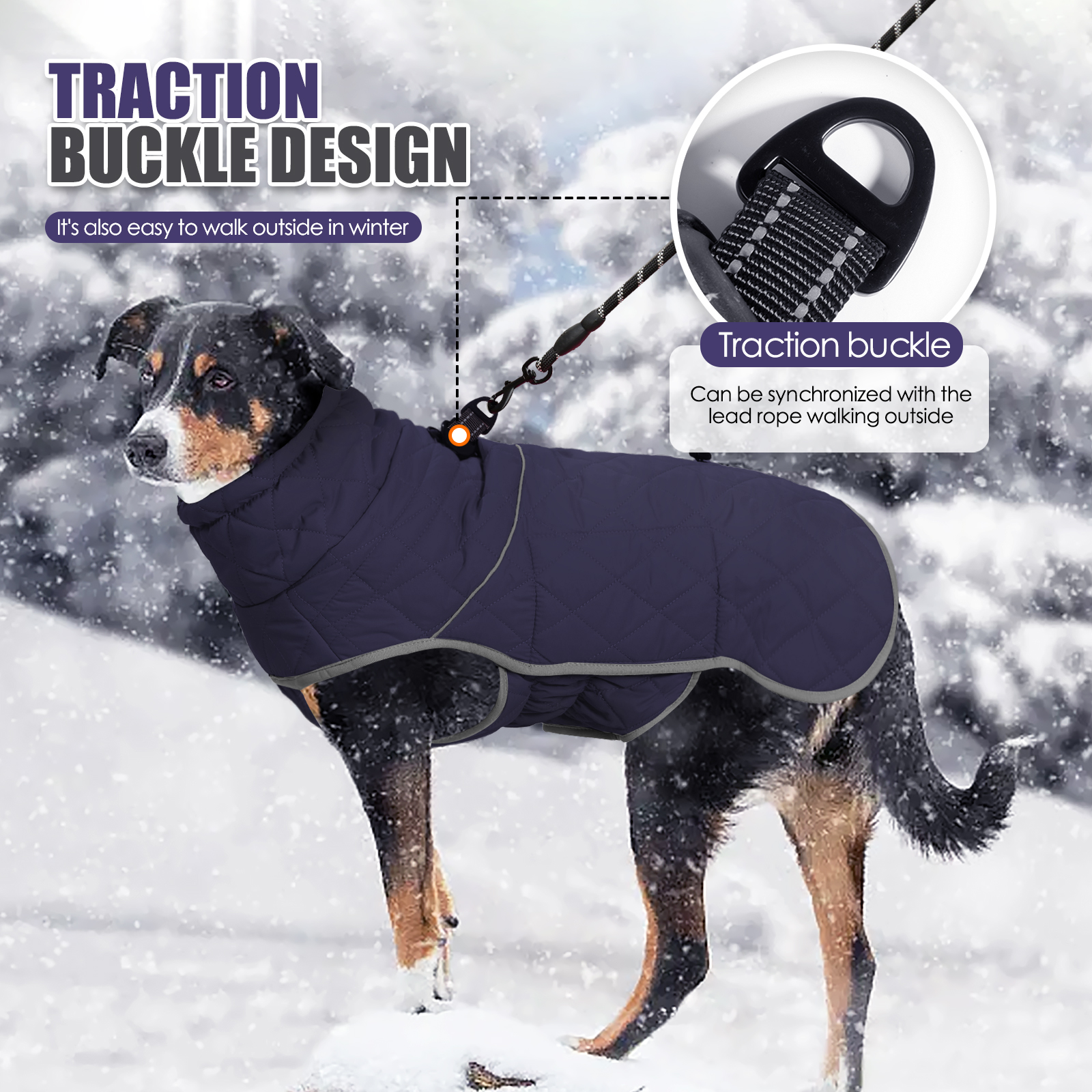 VD106 Navy Blue waterproof winter dog jacket with fleece lining and built-in leash buckle