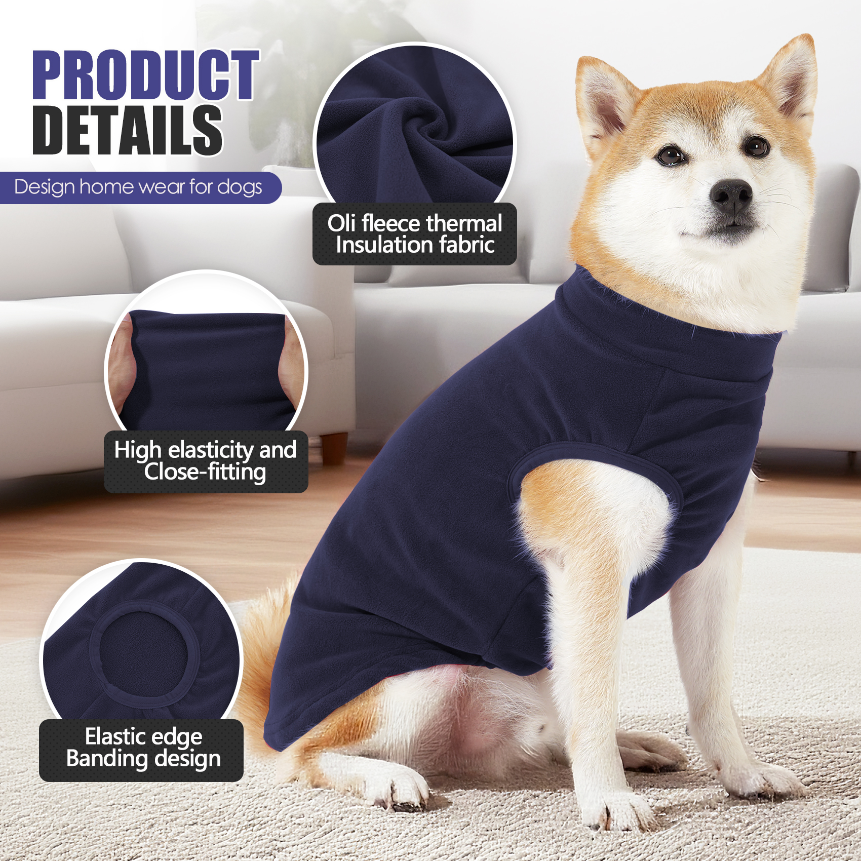 A dog wearing a dark blue fleece vest for warm and comfortable indoor winter wear.