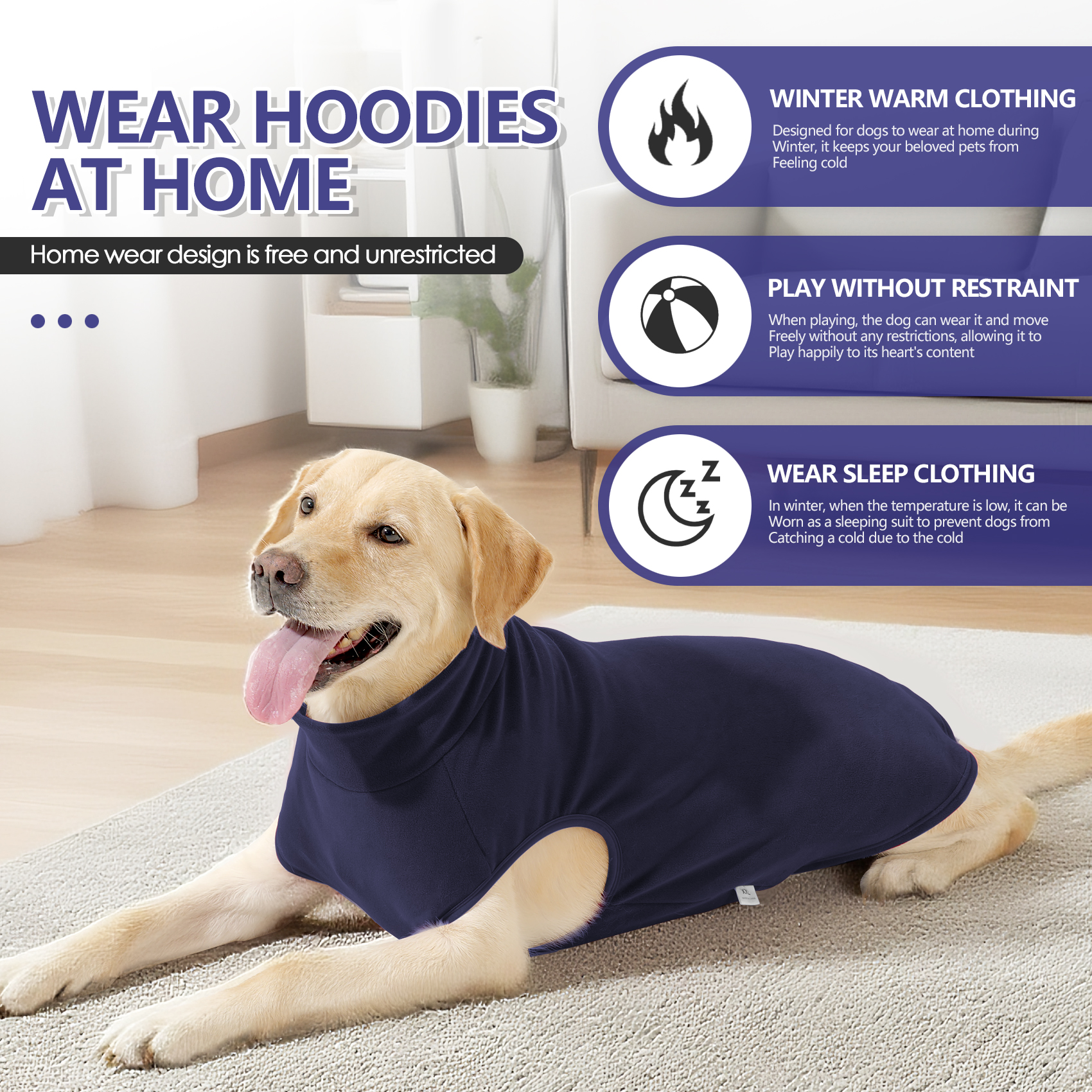 A dog wearing a dark blue fleece vest for warm and comfortable indoor winter wear.