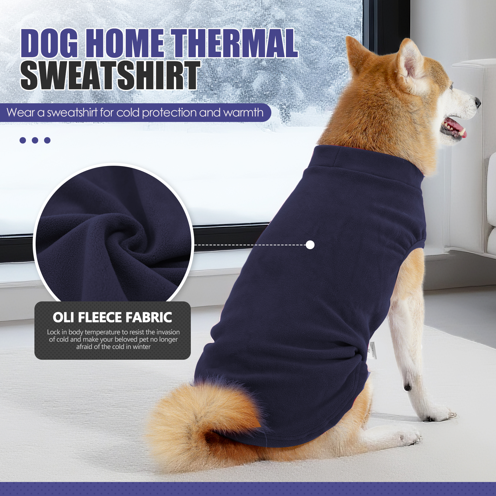 A dog wearing a dark blue fleece vest for warm and comfortable indoor winter wear.