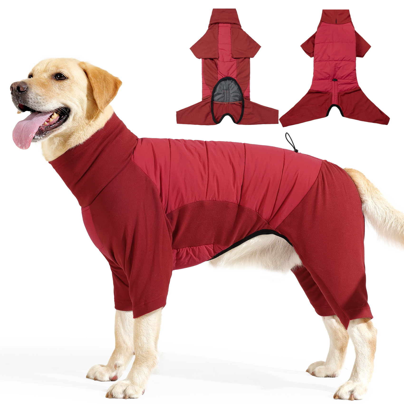A dog wearing a red four-legged winter jacket with a leash opening and windproof design.