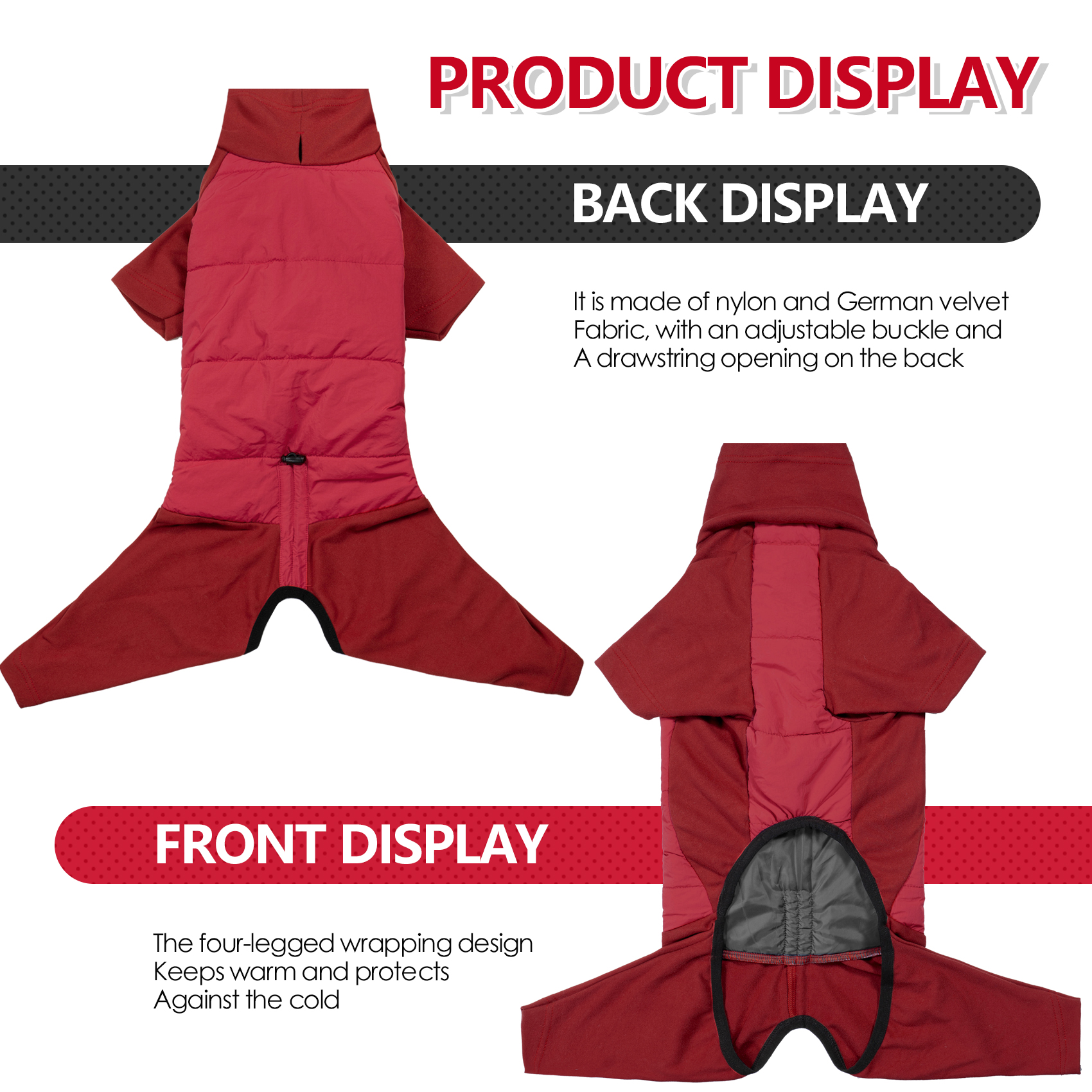 A dog wearing a red four-legged winter jacket with a leash opening and windproof design.