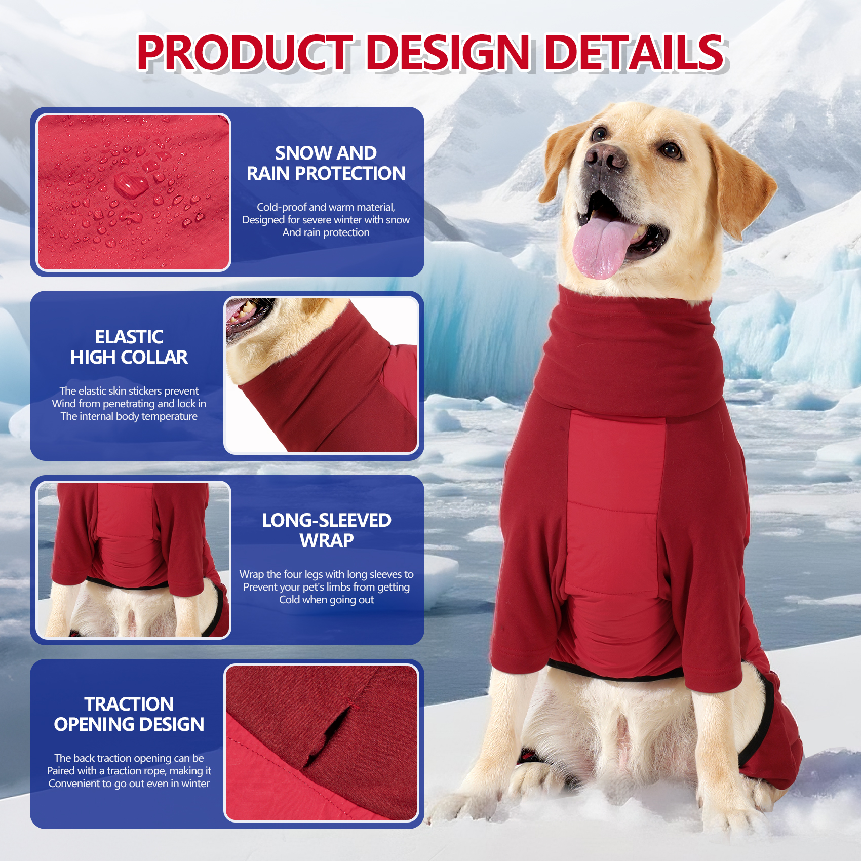 A dog wearing a red four-legged winter jacket with a leash opening and windproof design.