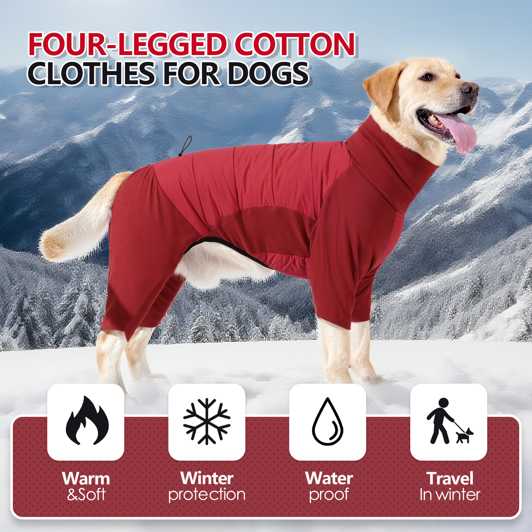 A dog wearing a red four-legged winter jacket with a leash opening and windproof design.
