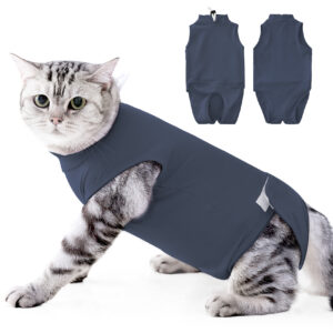 Cat wearing a Slate Blue post-surgery recovery suit with horizontal back closure