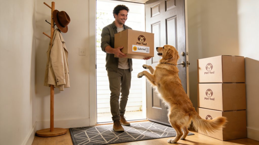 Pet owner receiving recurring pet product delivery at home
