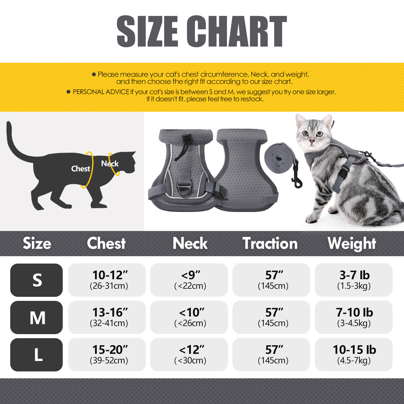 Size Chart Of Vc50 External Anti Escape Grey Cat Harness With Neck Strap