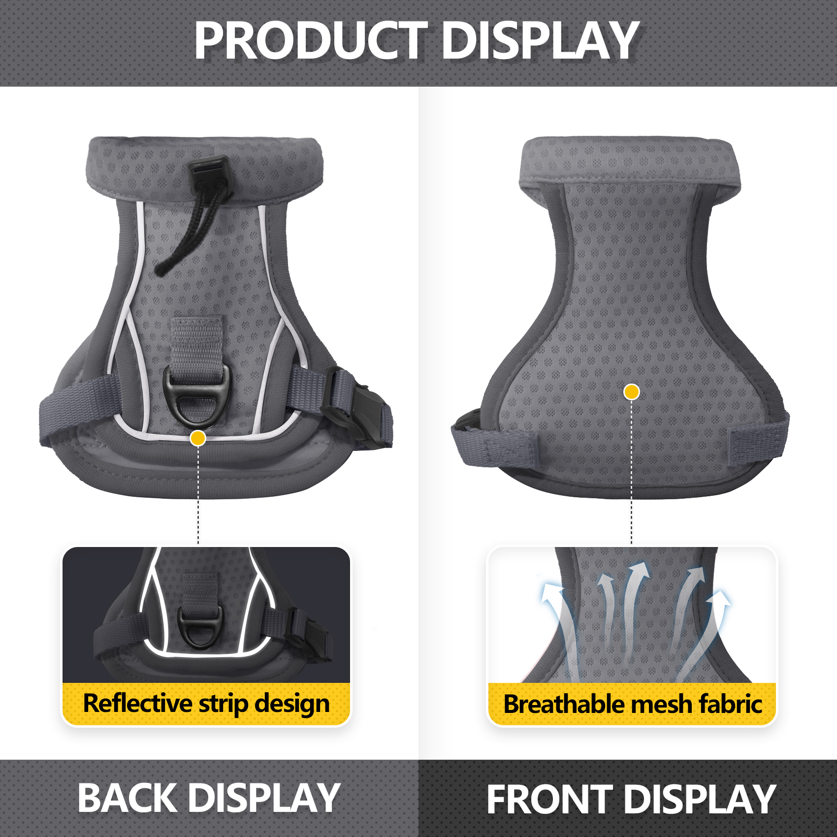 Vc50 External Anti Escape Grey Cat Harness With Neck Strap Front And Back Details