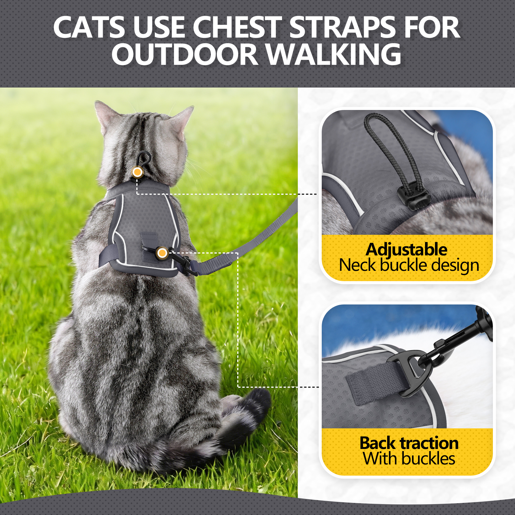 Vc50 External Anti Escape Grey Cat Harness With Neck Strap Match With Leash