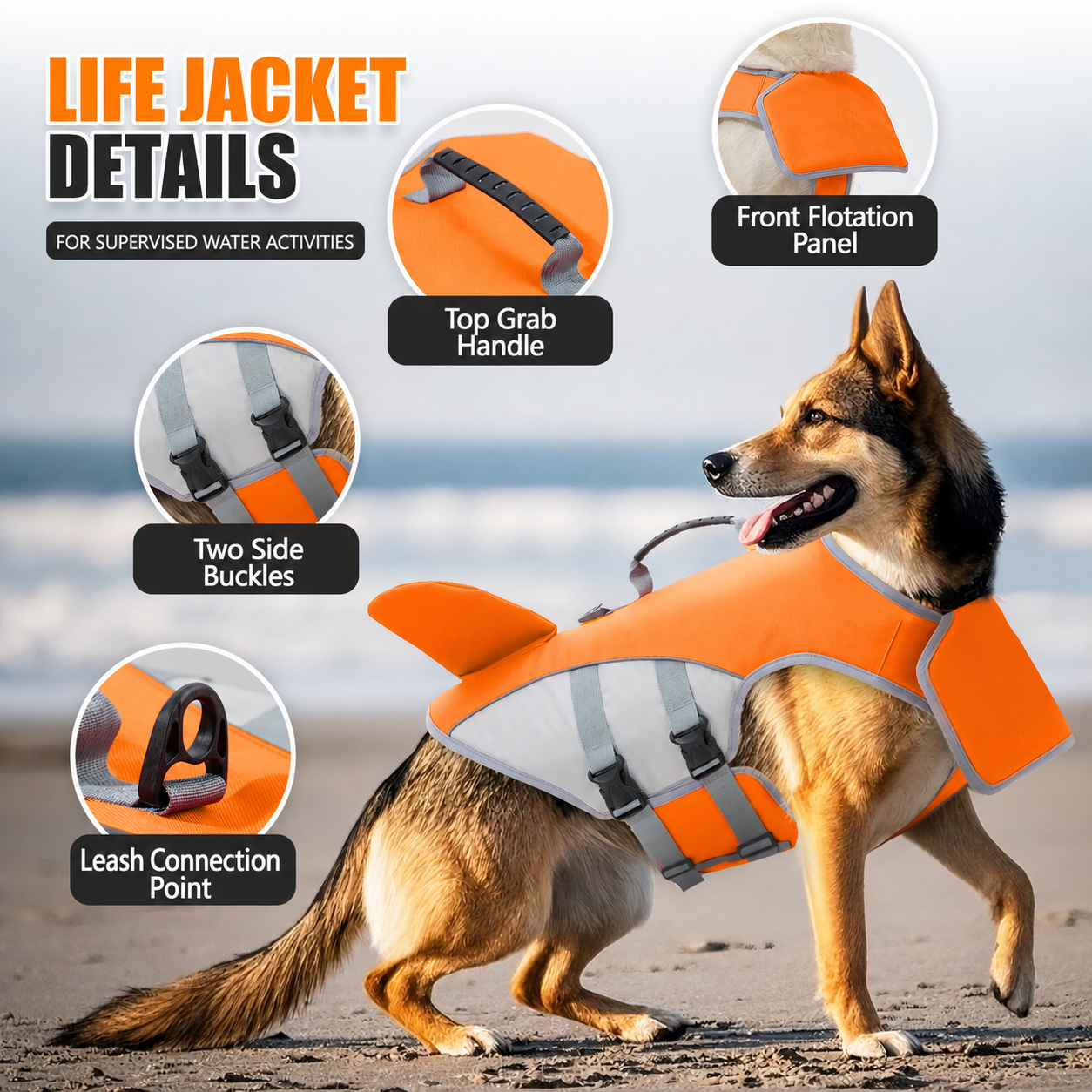 VD120 Bright Orange dog life jacket visible features