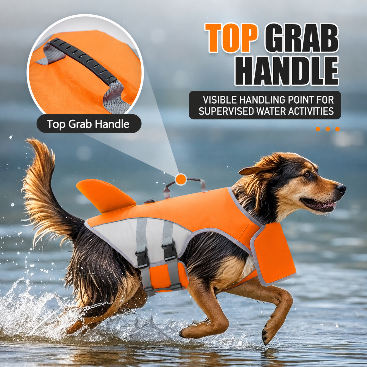 VD120 Bright Orange dog life jacket top grab handle