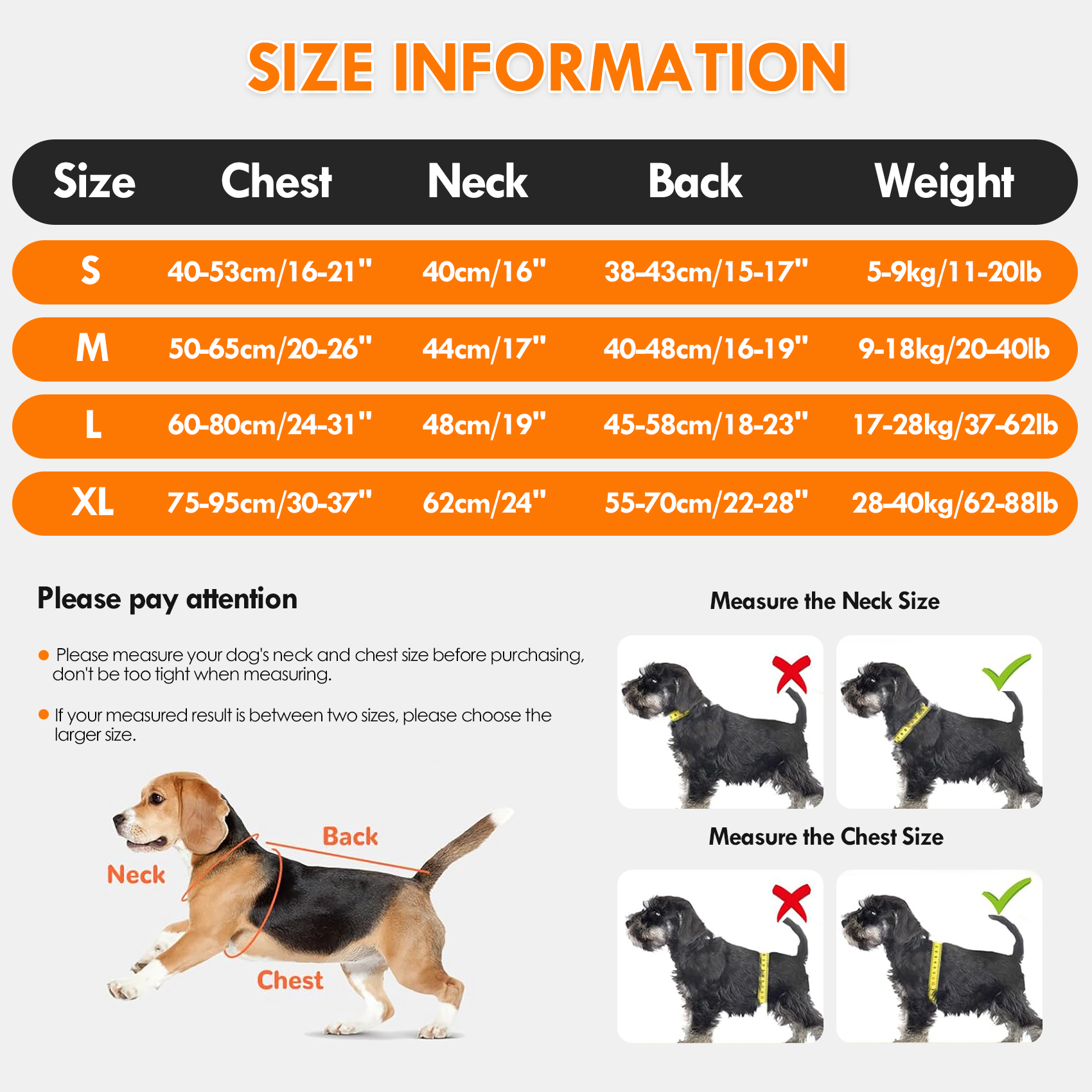 VD120 Bright Orange dog life jacket size chart