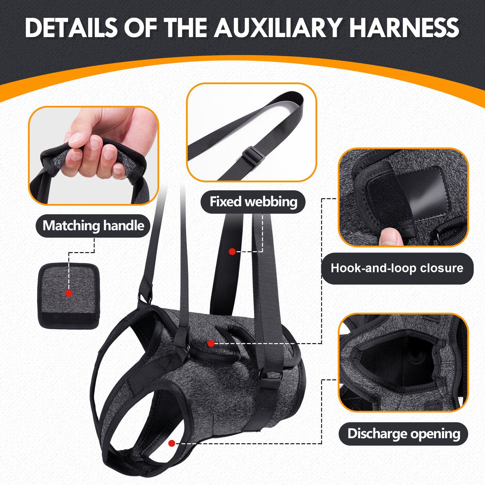 VD114 lift handle, adjustable straps, hook-and-loop closure and toileting opening