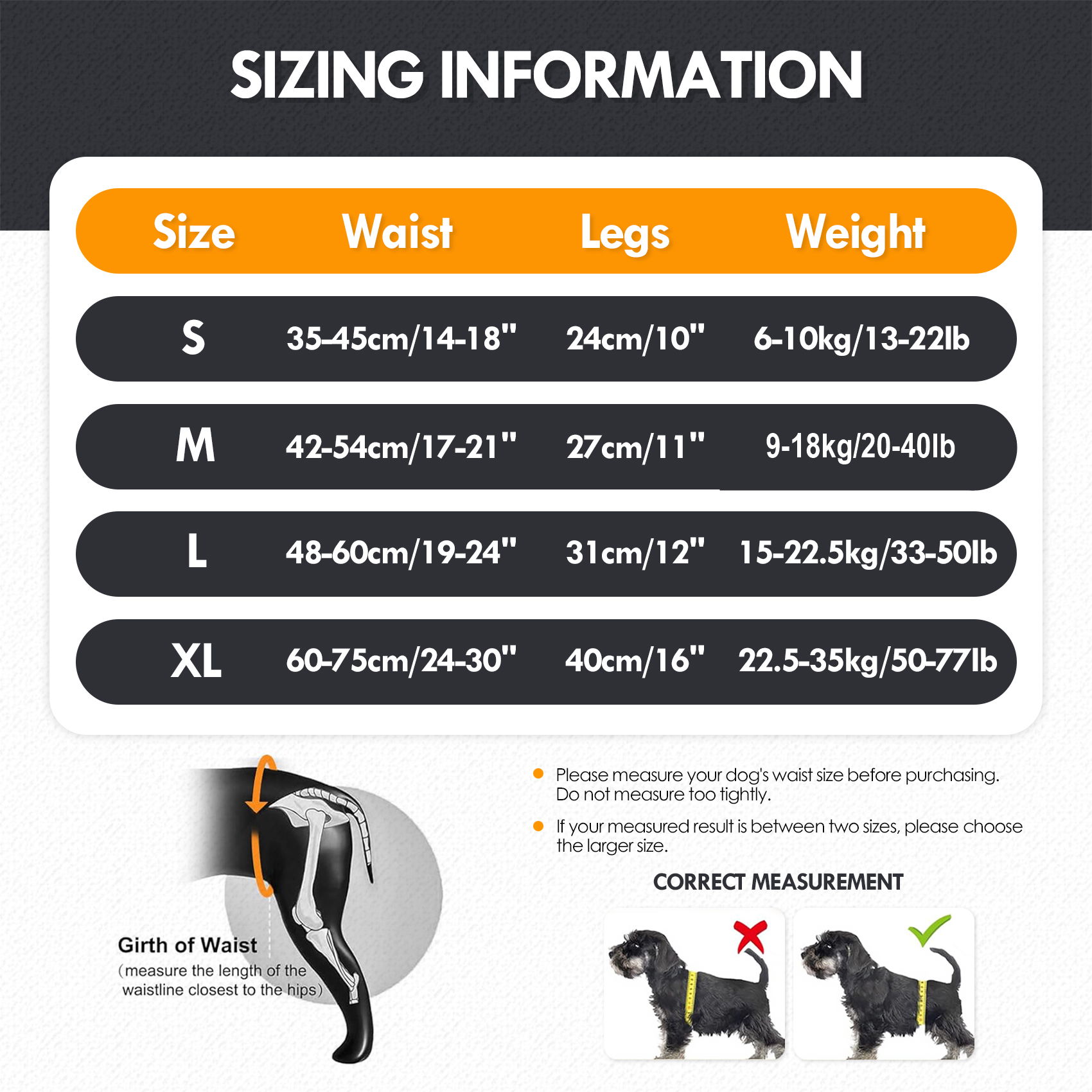 VD114 size guide for waist, leg circumference and recommended weight