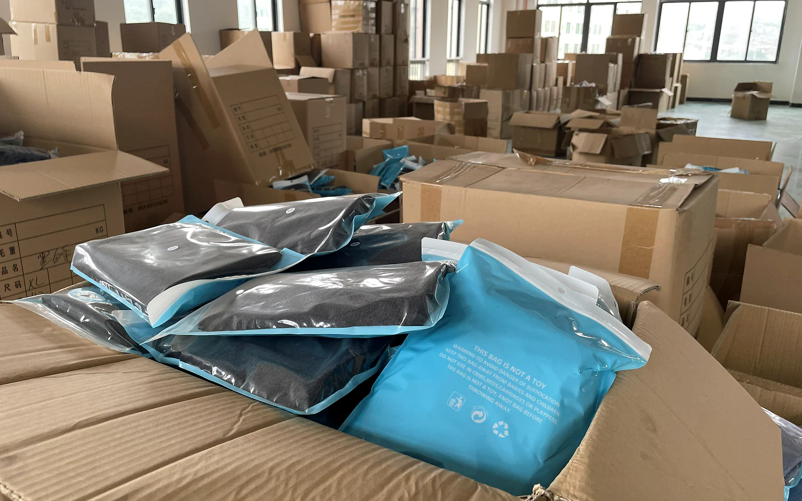Packed pet products prepared for warehouse handling