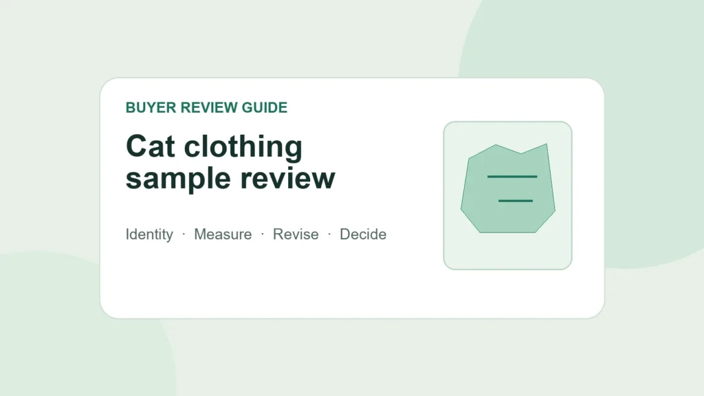 Illustrated buyer review card with a cat garment shape and the sample review sequence.
