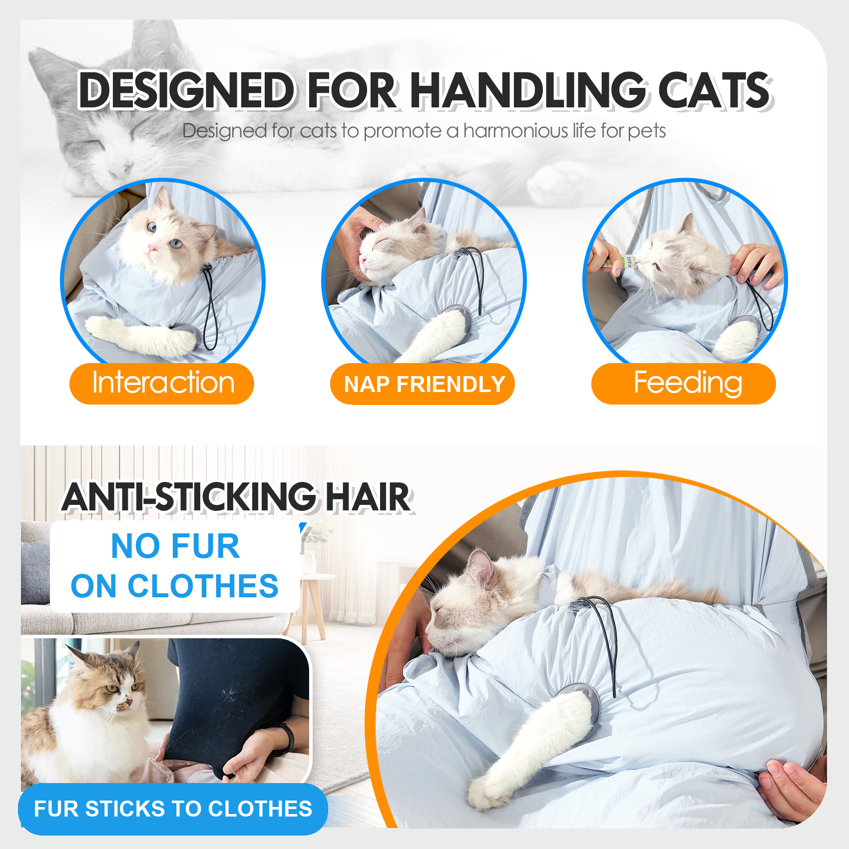 VC44 light blue apron in use for interaction, napping and feeding, with the anti-shedding point