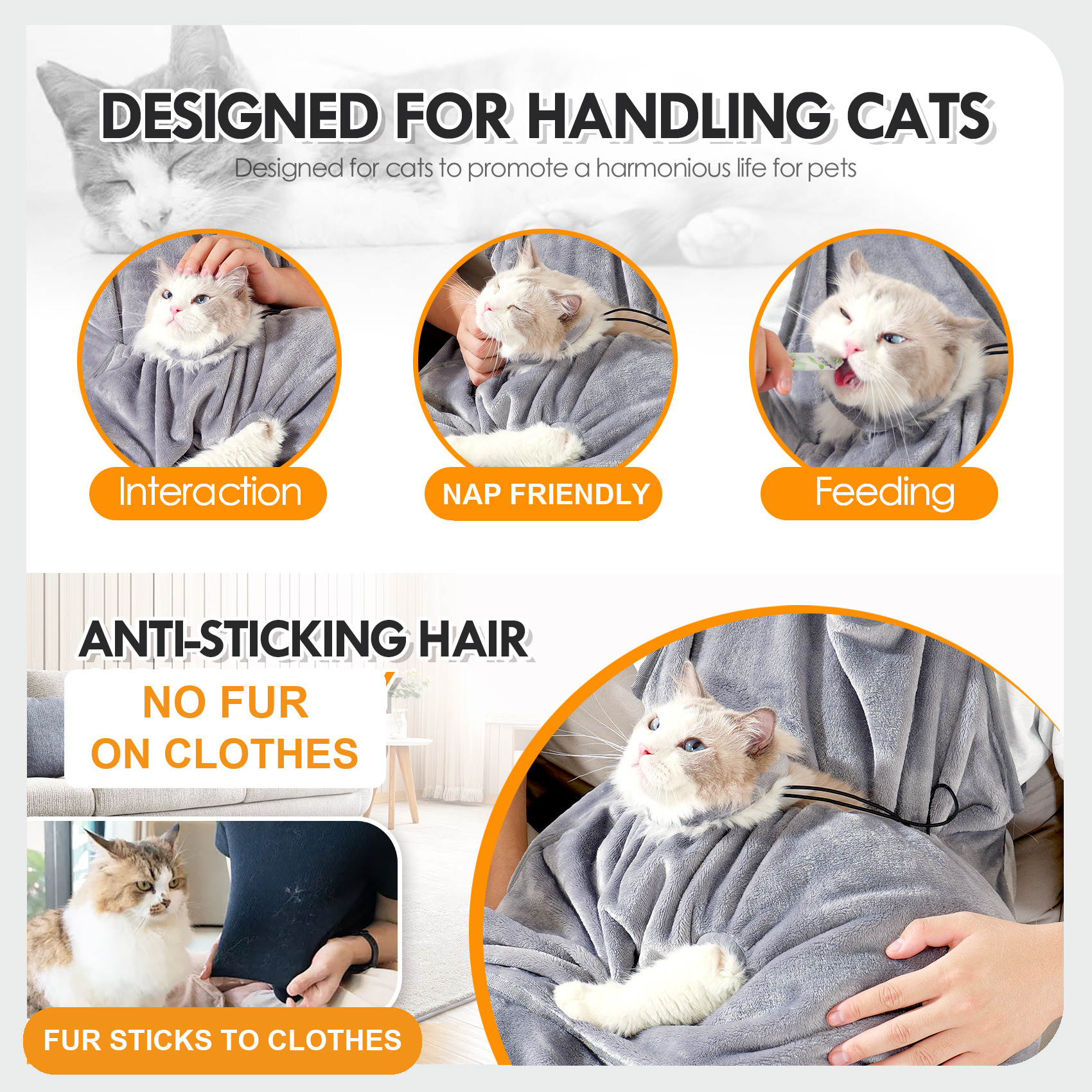 VC44 grey fleece apron in use for interaction, napping and feeding, with the anti-shedding point