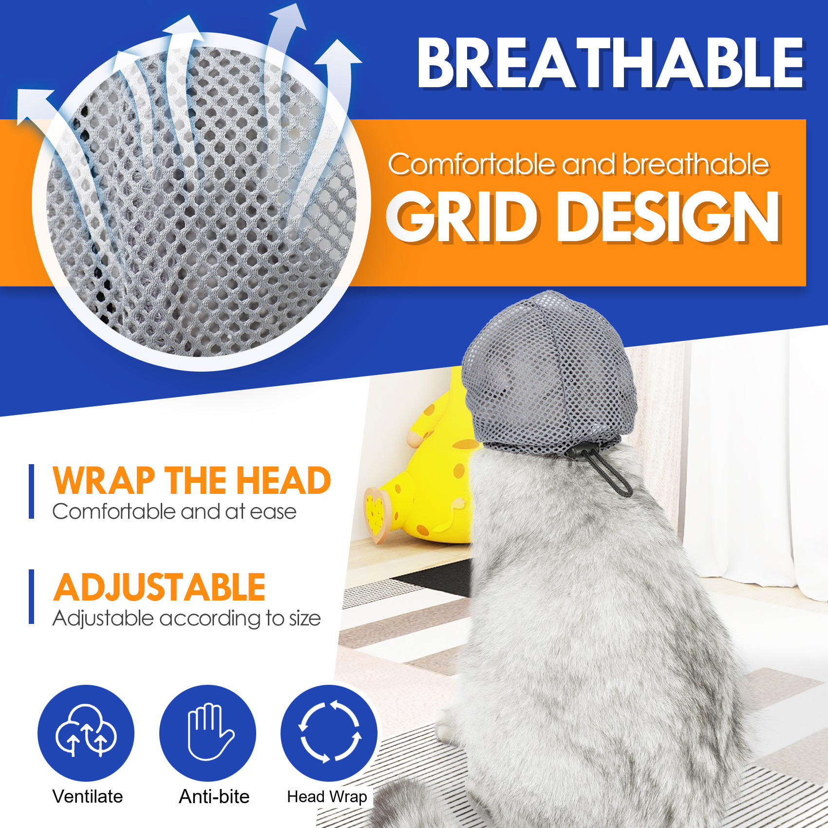 VC45 breathable mesh grid, 360 degree head wrap and adjustable drawstring