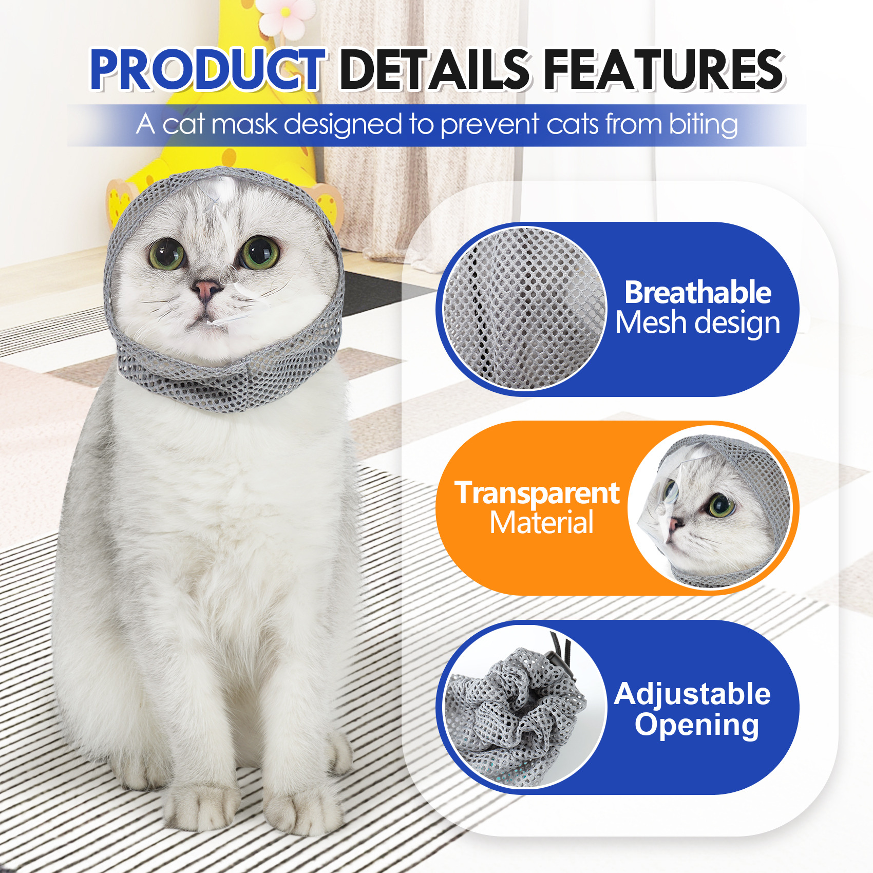 VC45 grooming hood design details, breathable mesh, transparent panel and adjustable opening