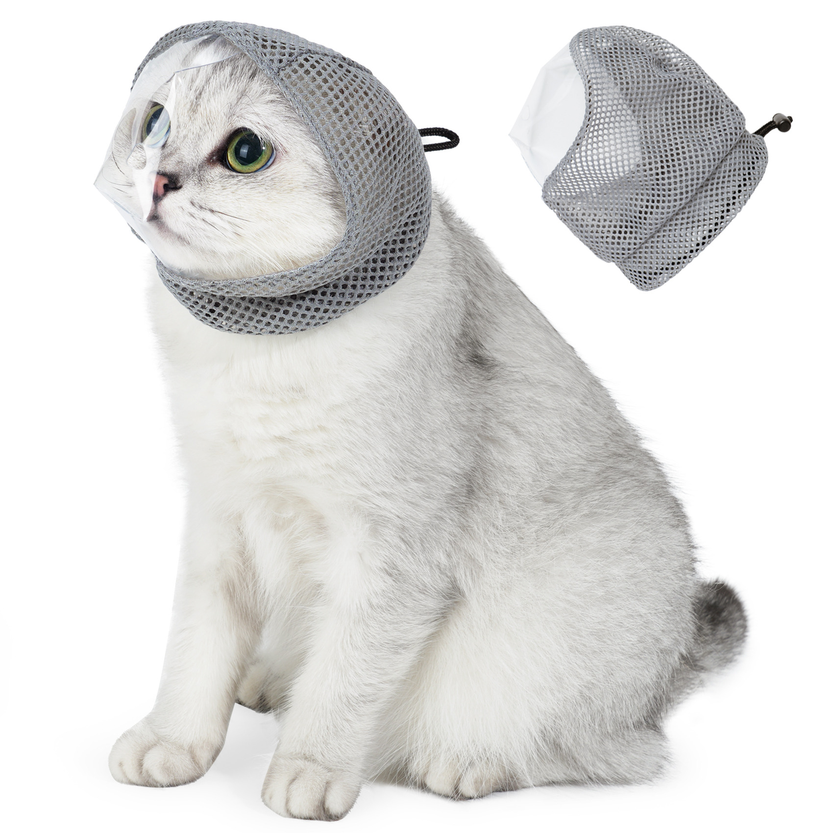 VC45 cat grooming hood in grey mesh with a transparent front panel, worn by a cat and shown on its own