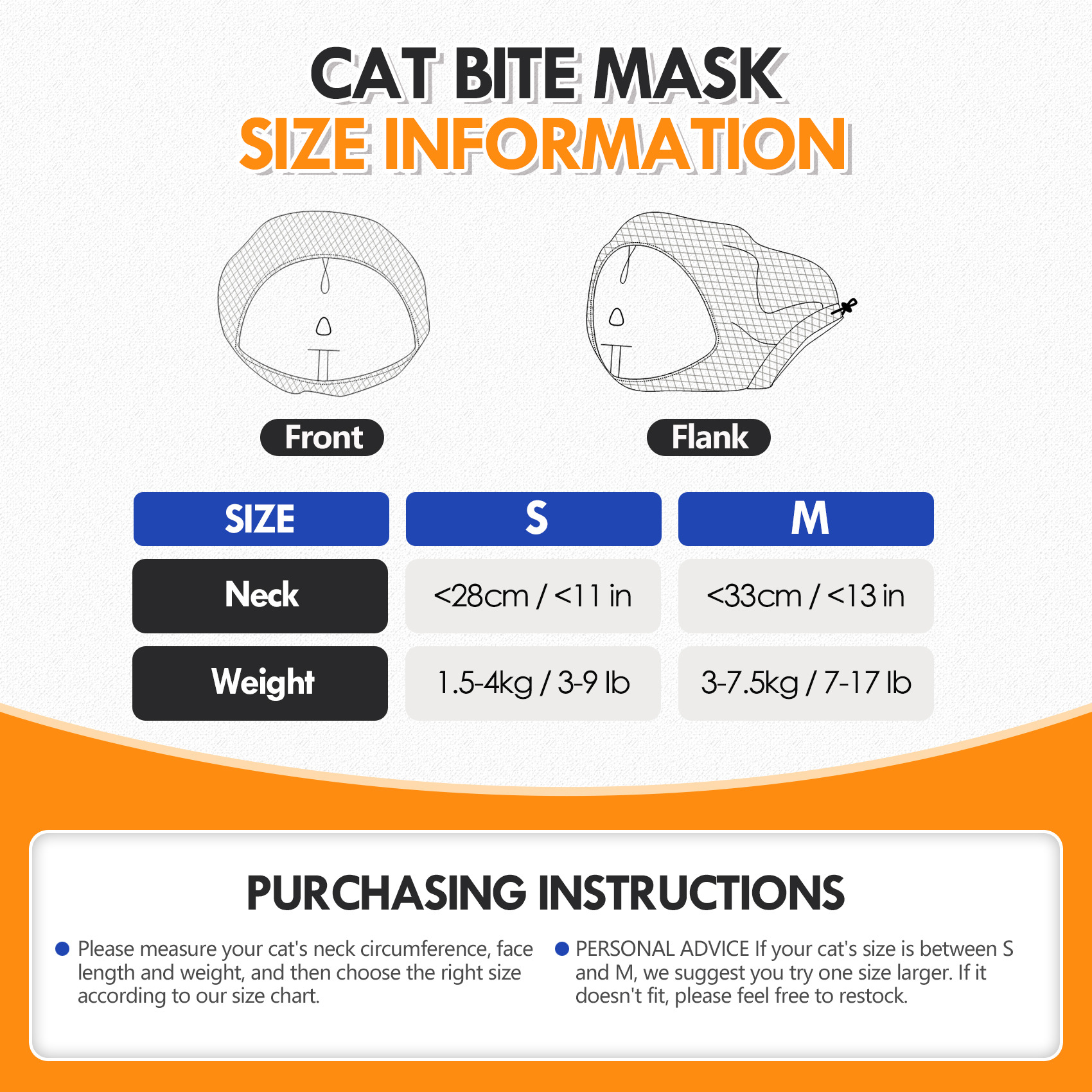 VC45 cat bite mask size chart, size S neck under 28 cm and size M neck under 33 cm