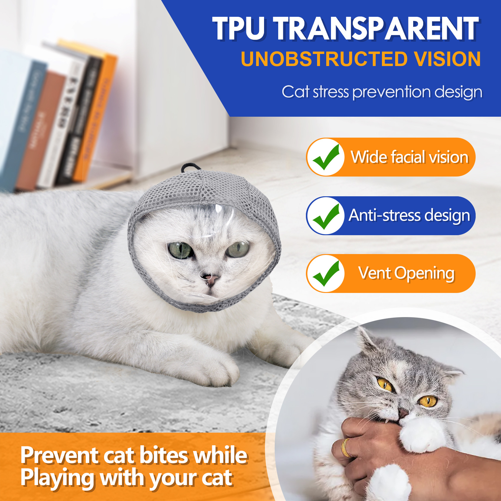 VC45 transparent TPU front panel over the cat's eyes, worn during grooming