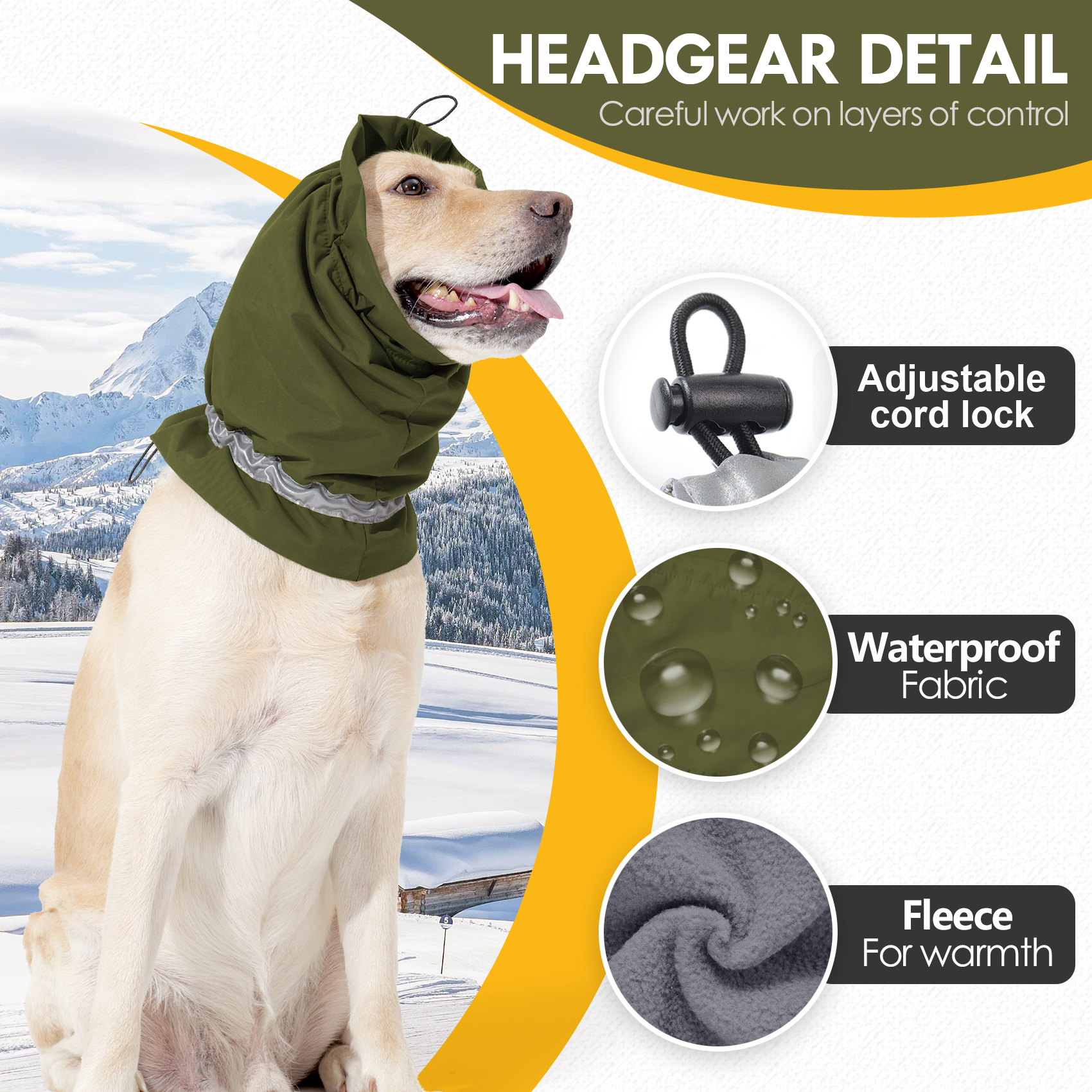 VD113 head cover details: an adjustable cord lock, water beading on the outer fabric and a fleece lining