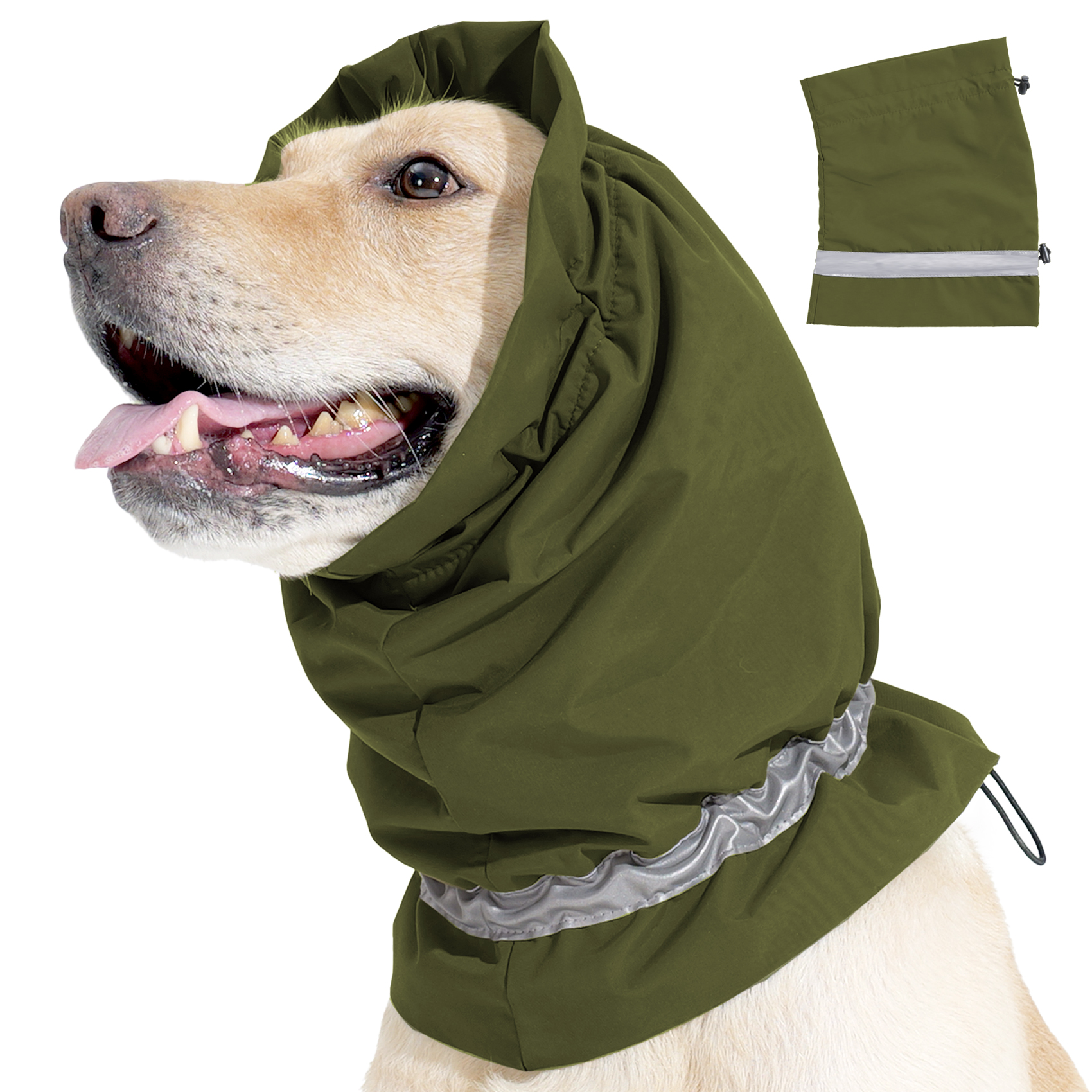 VD113 dog winter head cover in army green, worn by a dog with the folded cover also shown