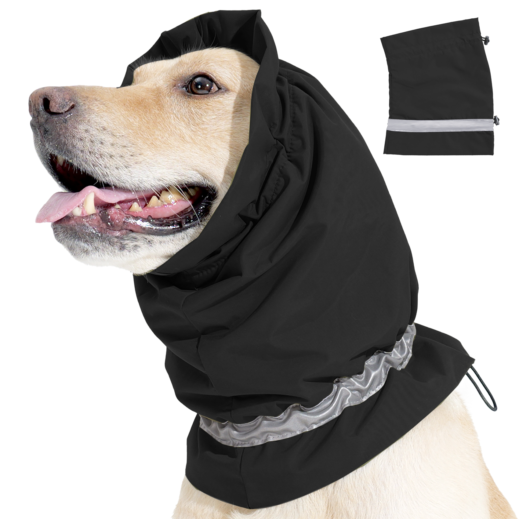 The same VD113 dog winter head cover in black, worn and shown folded
