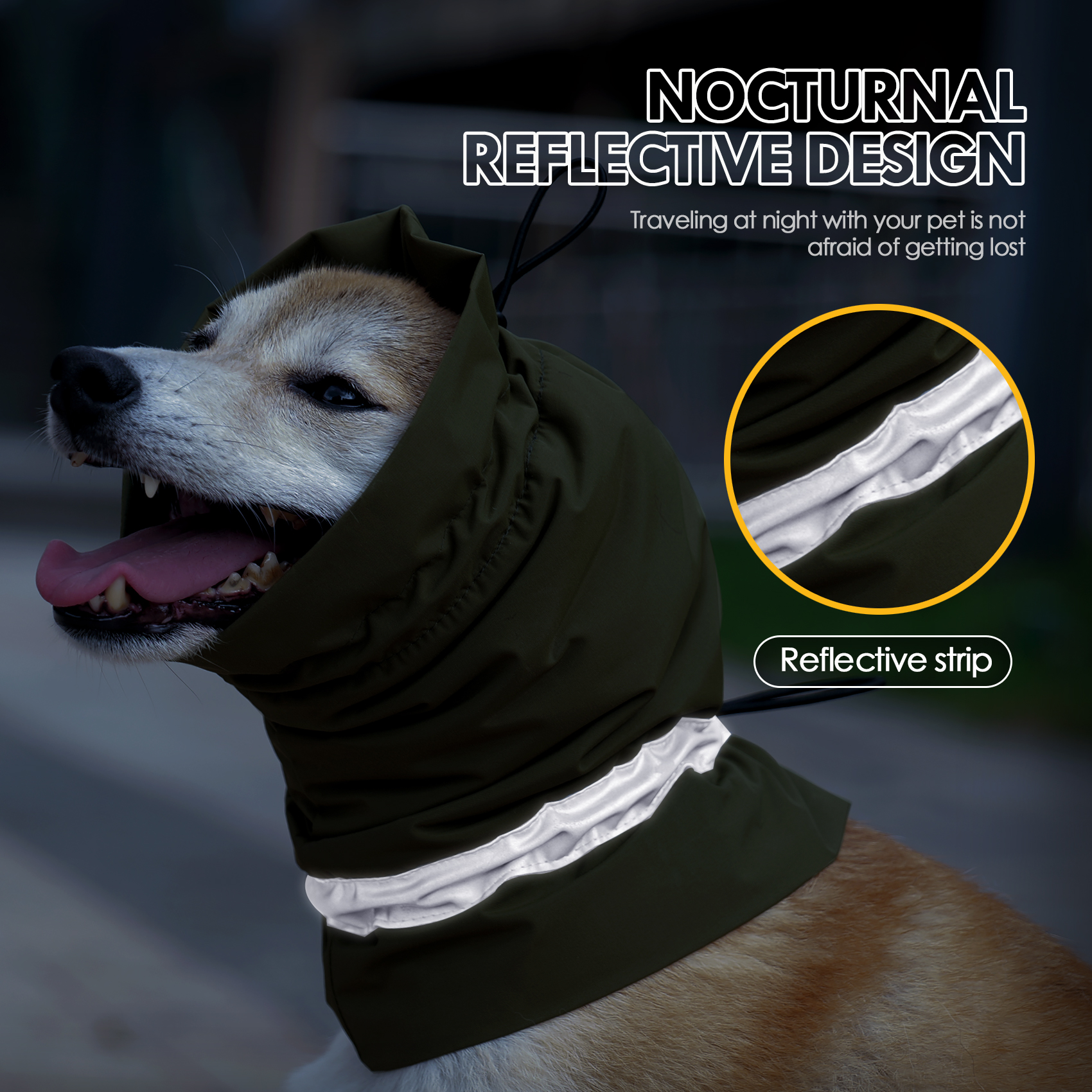 VD113 dog head cover reflective strip photographed in low light for night walks