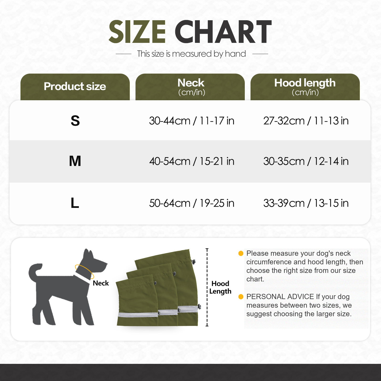 VD113 dog head cover size chart for S to L with neck circumference and hood length