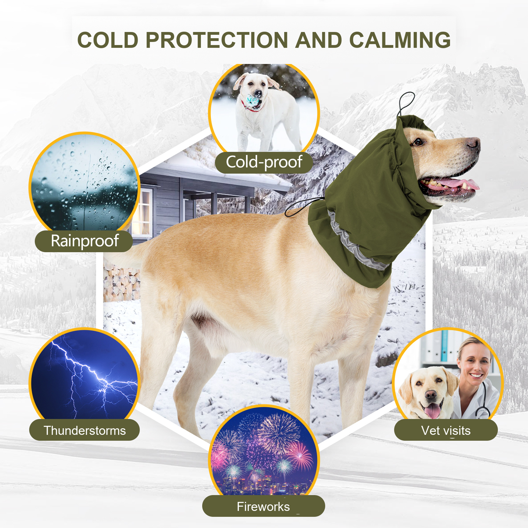 VD113 dog head cover worn in cold, rain, thunderstorms, fireworks and vet visit situations