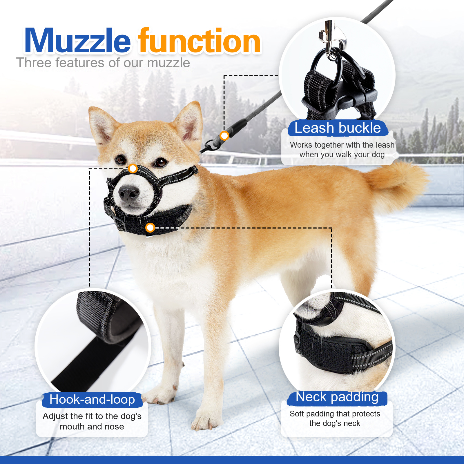 VD116 dog muzzle functions: the leash buckle, the hook-and-loop fit around the mouth and the padded neck panel