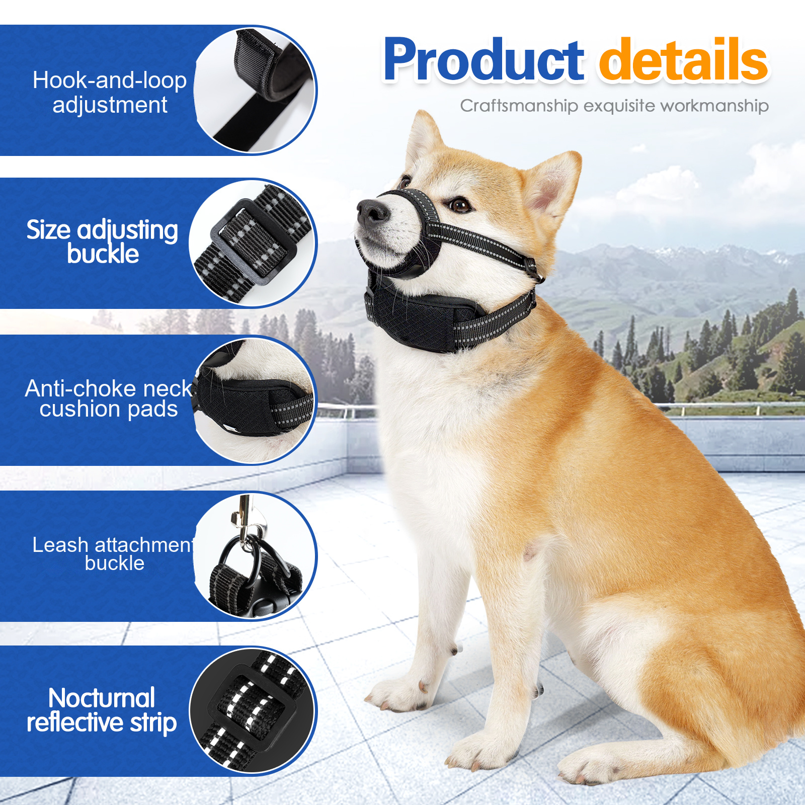 VD116 dog muzzle details: mouth hook-and-loop adjustment, size adjusting buckle, anti-choke neck cushion pads, leash attachment buckle and nocturnal reflective strip