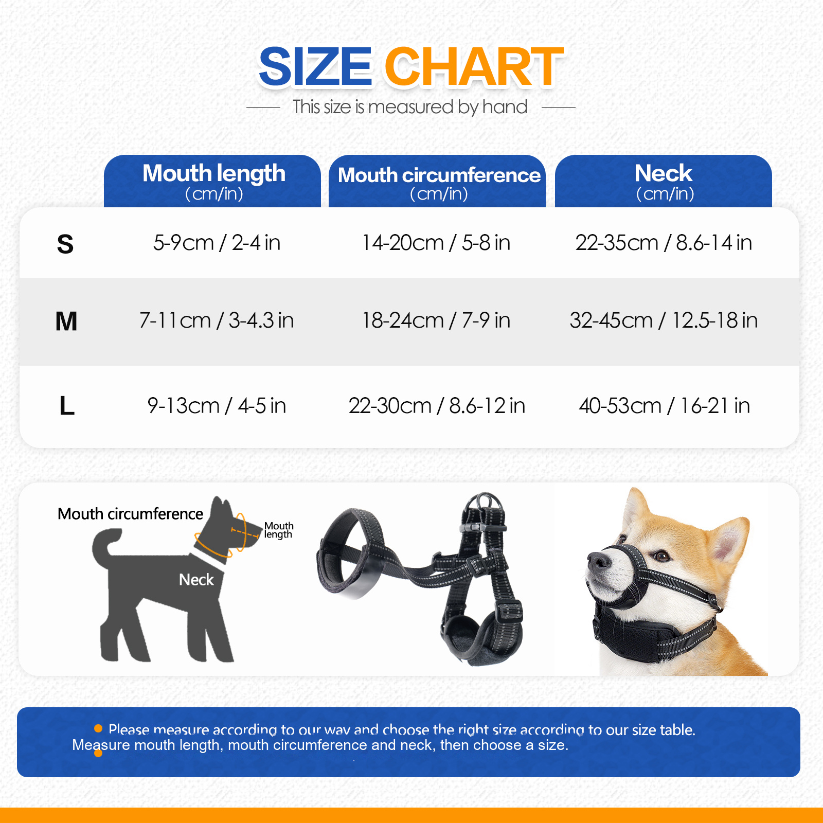 VD116 dog muzzle size chart for S to L with mouth length, mouth circumference and neck circumference in centimetres and inches
