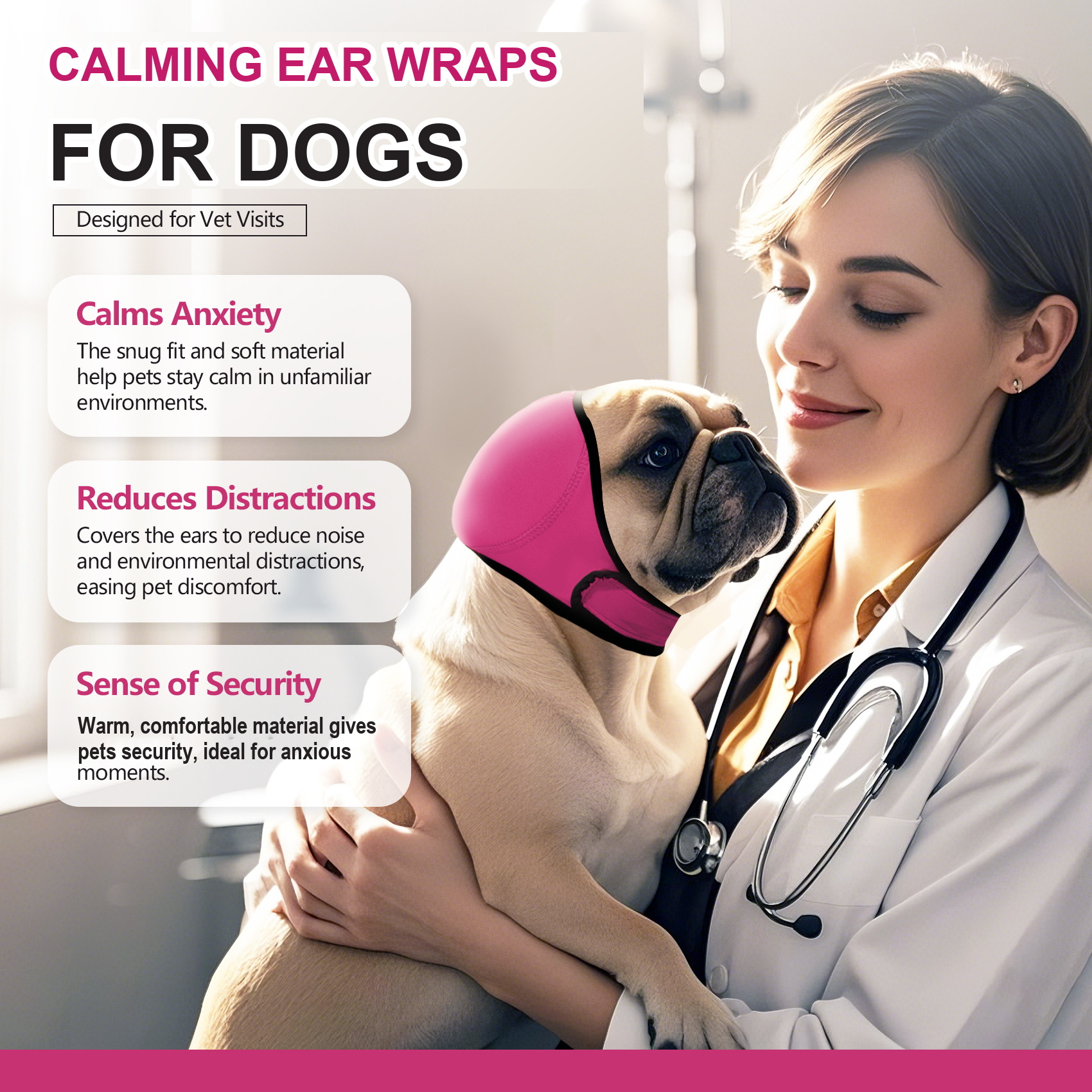 VD121 dog ear muffs shown on a dog held in a veterinary clinic, presented as a calming ear wrap for handling