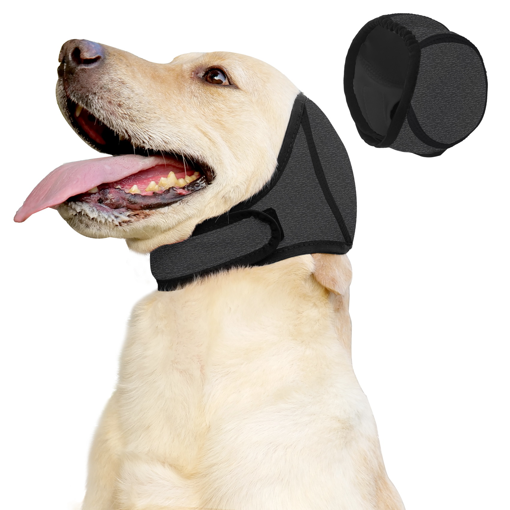 VD121 dog ear muffs in grey worn on a labrador, with a flat view of the grey cover beside it