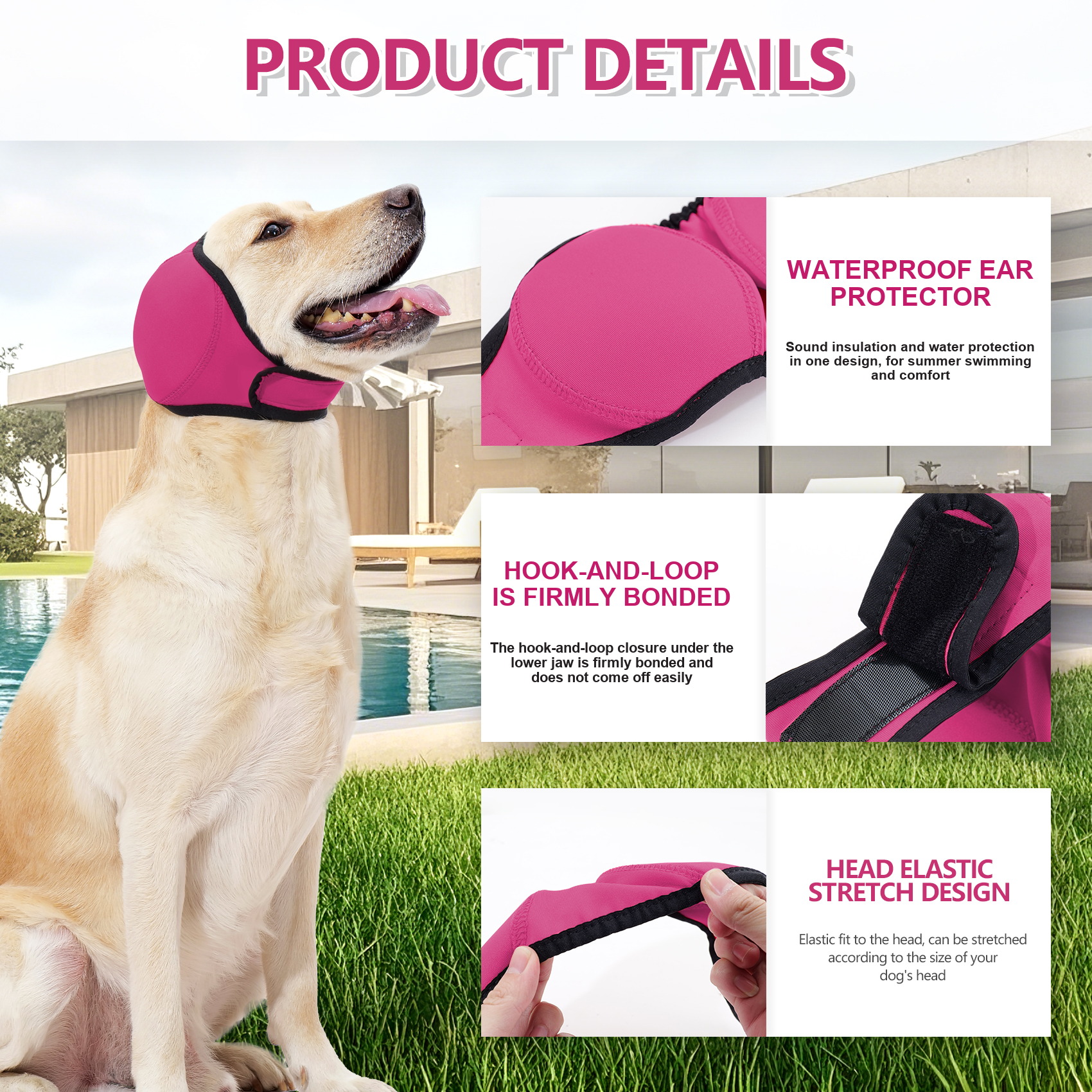 VD121 dog ear muffs details: the ear panel, the hook-and-loop closure under the lower jaw and the elastic head band